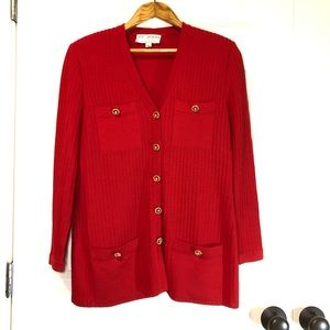 St. John Red Holiday cardigan sweater with stylish gold button